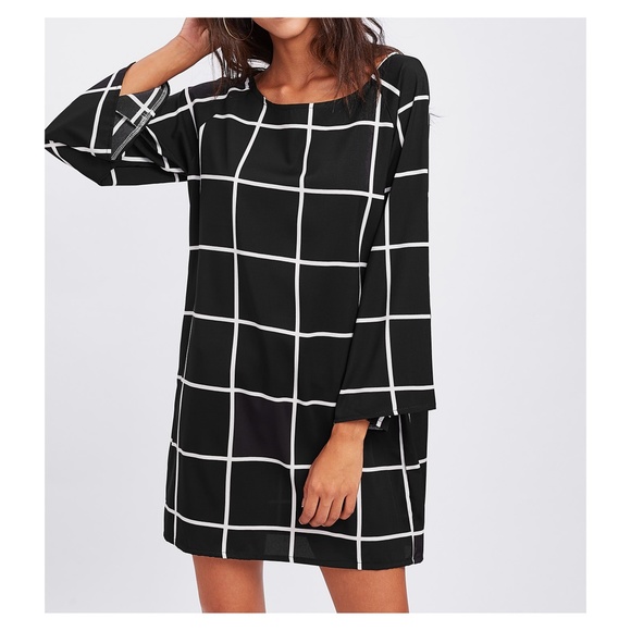 LAST ONE! Black White 3/4 Sleeve Plaid Shift Dress - Picture 2 of 5
